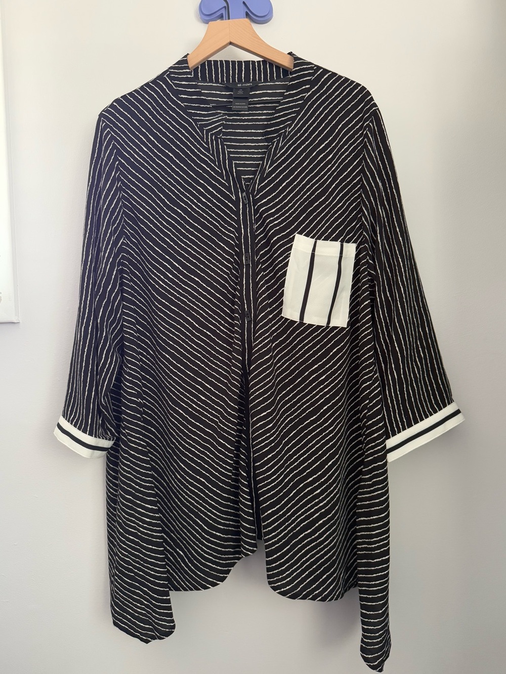 Ali Miles 2X Button Up Tunic Blouse Black Stripe Relaxed Office Work Career